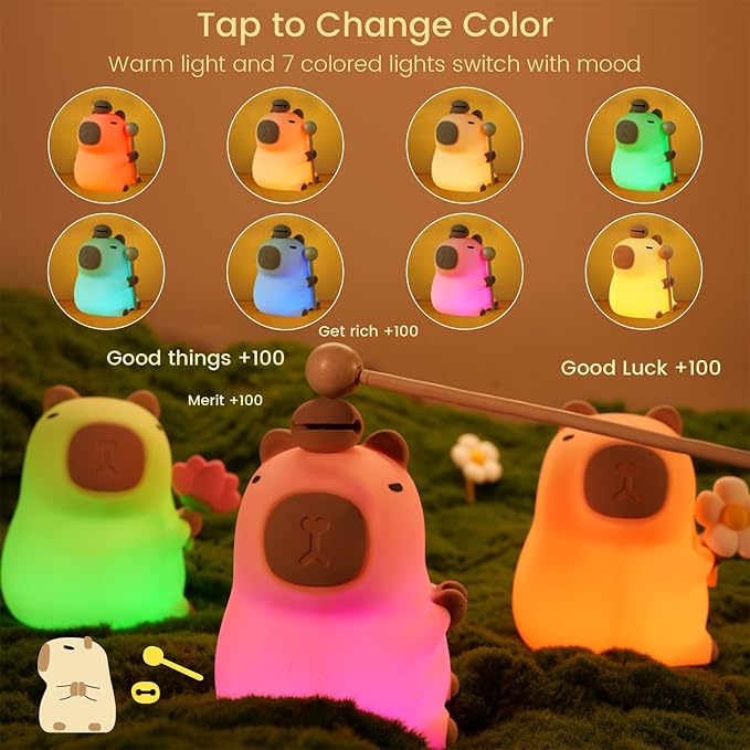 Capybara Night Light, Nursery Lamp, 7-Color RGB & 3-Level Dimmable WarmLight, Tap Control, 30Min Timer, 100% Safe &Soft Silicone, Adorable, Soothing Ambiance, Gift for Kids, Detachable Flower