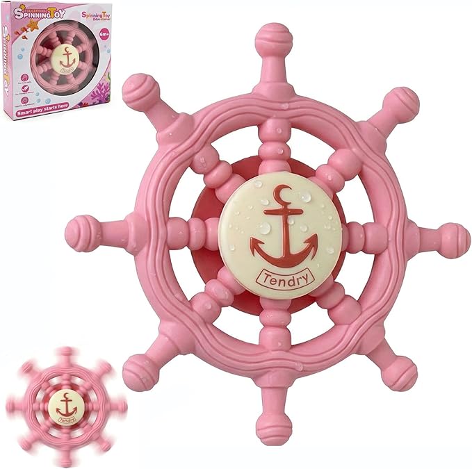 Baby Suction Spinner Toys for Bathtub, Silicone Pink Toddler Bath & High Chair Toys for 1 Year Old Boy/Girl Birthday Gift, Interactive Ship Steering Wheel InfantToy for Car Window Travel