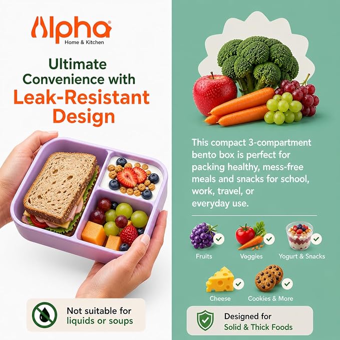 Silicone Bento Box for Kids, 3 Compartment Lunch Box, Small Portions, BPA Free Snack Container, Leak Resistant, Easy to Clean, Dishwasher Safe