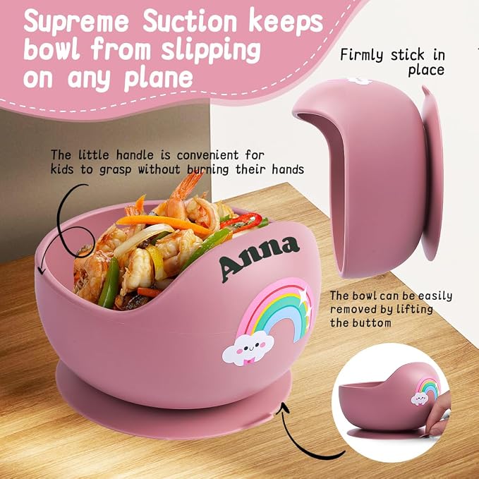 TYRY.HU Personalized Baby Bowl with Suction with Name, Baby Spoon and Fork with Name, Baby Led Weaning Supplies, Silicone Baby Feeding Set (Pink)