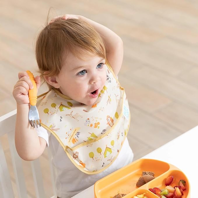 Bumkins Bibs for Girl or Boy, SuperBib Baby and Toddler 6-24 Months, Essential Must Have for Eating, Feeding, Baby Led Weaning Supplies, Mess Saving Catch Food, Waterproof Fabric 3-pk Happy Campers