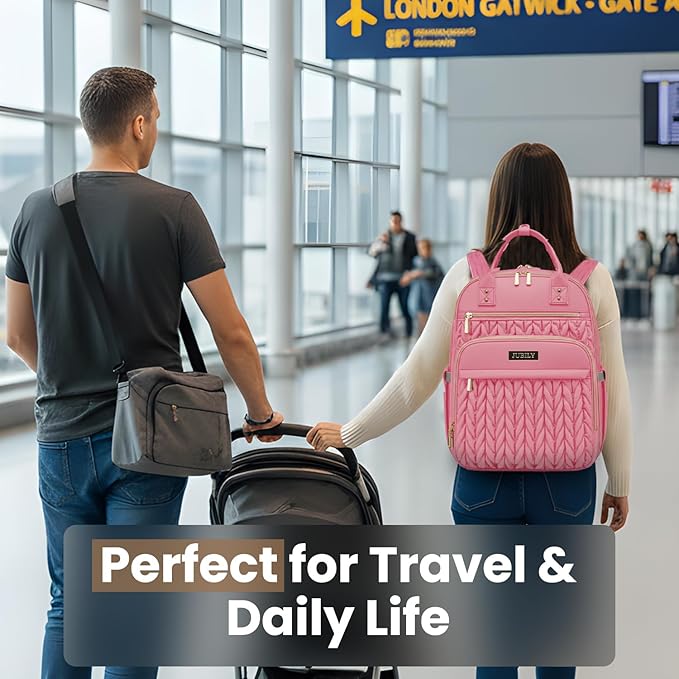 Jubily Diaper Bag Backpack, 30L Travel Backpack for Women, Waterproof Bag with 5 Compartments, 20 Pockets, Laptop & iPad Slots, Portable Changing Pad, Baby Essentials Organizer (Pink)