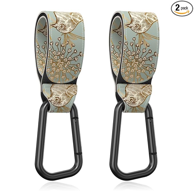 Baby Stroller Hooks for Hanging Bags, Universal Stroller Clips Accessories, Mommy Hook for Diaper Bag, Shopping Cart, Purse, Backpack - 2 Pack, Green Bird
