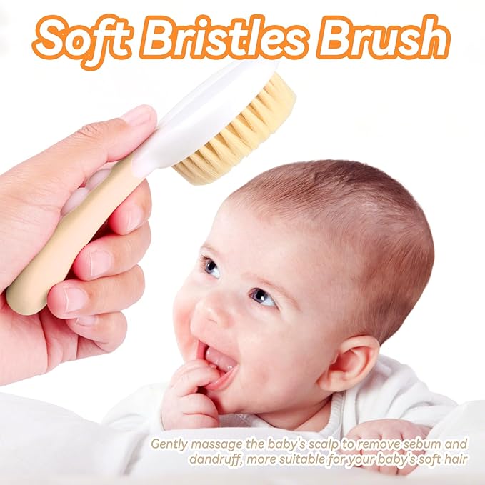 Baby Hair Brush and Comb Set, Soft Bristles Cradle Cap Brush for Newborns, Toddlers, Baby Registry Gift (Camel)