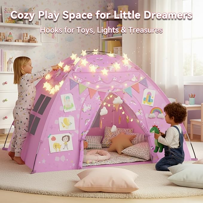 AFUNX Unicorn Play Tent for Girls Ages 4??, Extra Large Kids Indoor Play Tent 70" L x 45" W x 43" H, Lavender Pink Foldable Tent with Rainbow & Unicorn Print, Easy Setup, Fits 2?? Kids