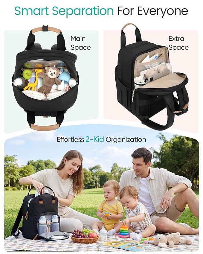 Qualyphant Extra Large Diaper Bag Backpack for Two Kids Twins - Expandable (26-36L) Baby Bag for Mom Girls Boys, Dual Big Compartments - Includes Changing Pad & Stroller Straps, Black, Quilted