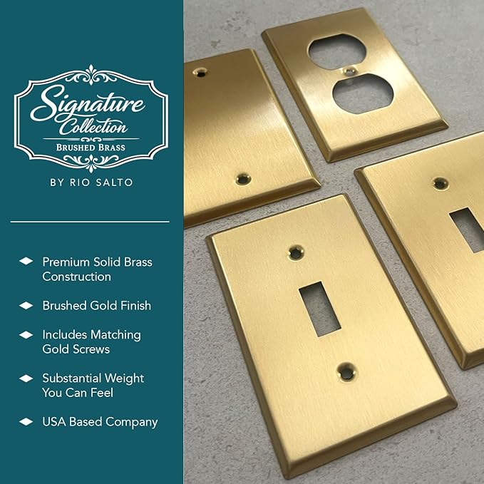 Rio Salto Metal 2-Gang Gold Outlet Cover or Light Switch Cover Wall Plate, Blank Duplex Combination Corrosion Resistant Receptacle Wallplate 2 Gang Double STANDARD SIZE Brass (Blank Duplex Combo)