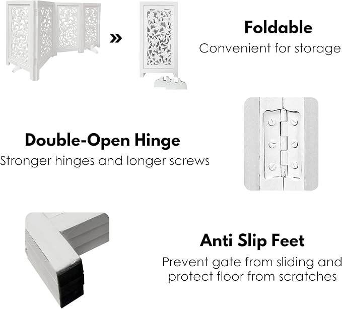 Dog Gate for Indoor Use, 4 Panel Free Standing Foldable Wooden Pet Barrier, 56x28 Inch Decorative Lucy Design Dog Fence for Doorway, Stairs, or Hallway, White Antique