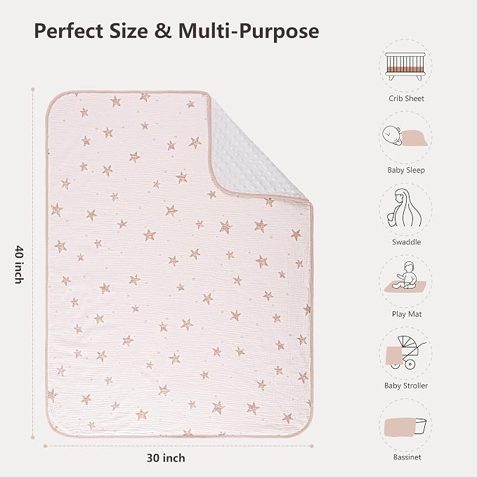 Susurration Baby Blanket for Unisex Boys Girls, Soft Nursery Minky Blanket with Muslin Cotton Front and Dotted Fleece Back, Receiving Blanket for Baby Newborn Infant, 30x40inch (Pink Star)