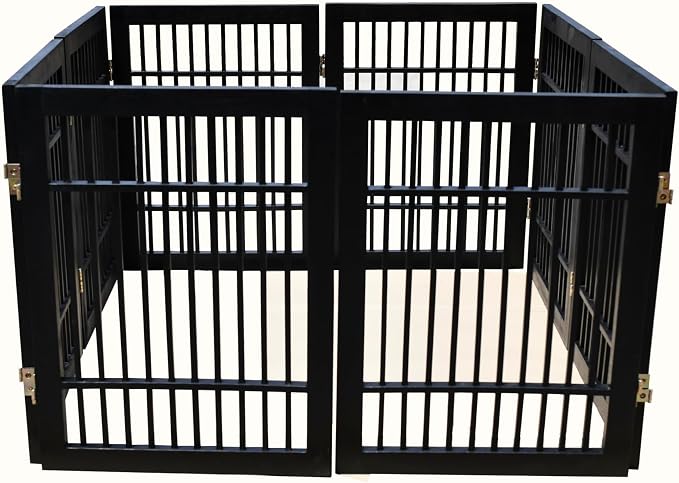 Urnporium Pet Dog Gate Freestanding, Strong Durable Folding Wooden Fence, Portable Acacia Hardwood Safety Barrier for Indoor & Outdoor Use (Black Pet Gate, 8 Panel 24" Tall)