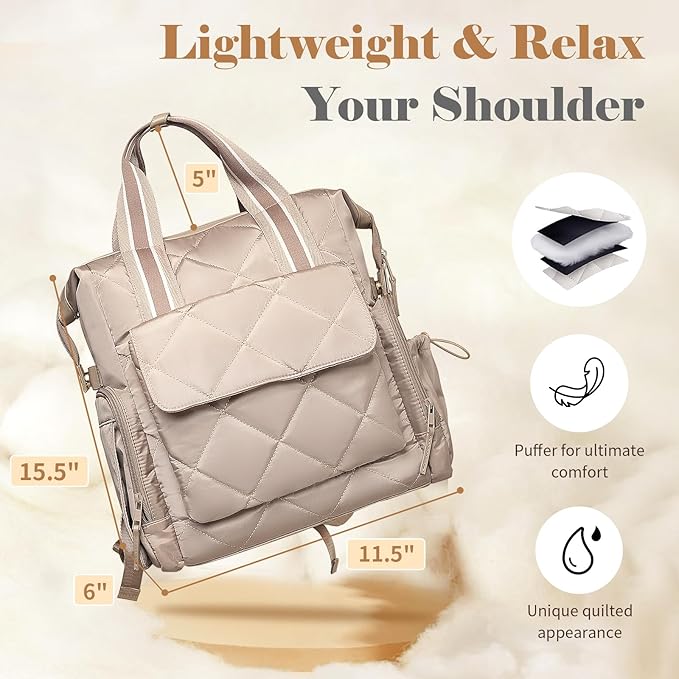 Omanmoli Diaper Bag Backpack Quilted Baby Diaper Bag Lunch Backpack Pañaleras Para Bebe for Working Moms with 11 Pouches,Large Insulated Cooler Compartment,Stroller Straps,Changing Pad,Khaki