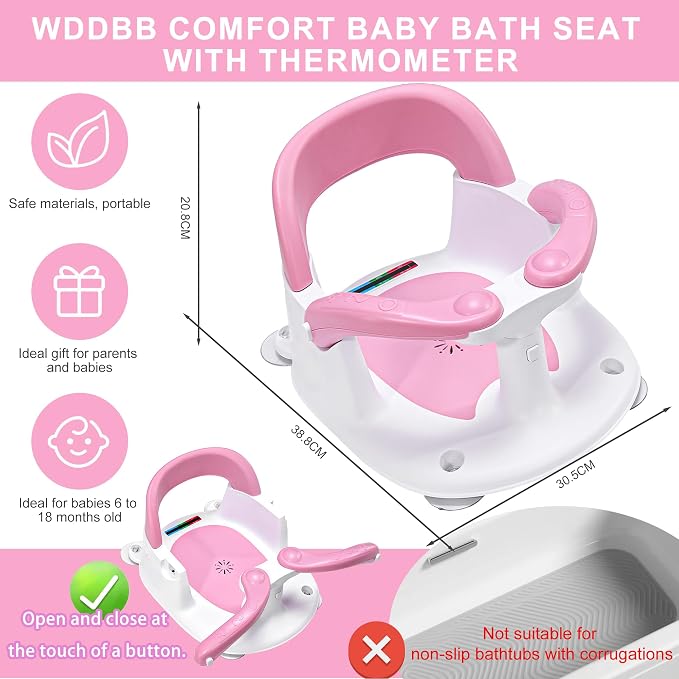 Baby Bath seat for Babies 6 Months & up, 360° Stable Toddler Bath Chair with one-Touch Button, Back Hollow Design, Water Temperature Card & 4 Suction Cups for Safety (Pink)