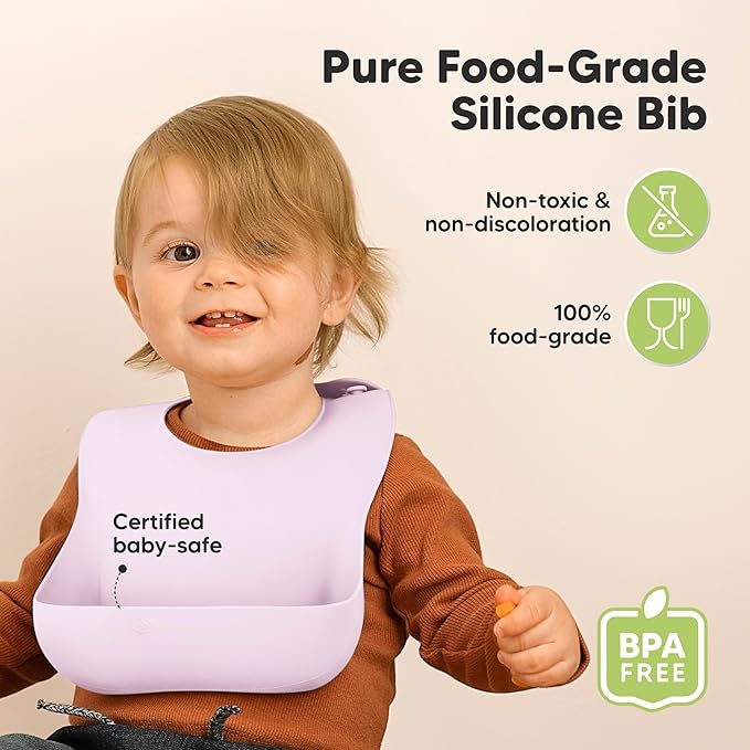 KeaBabies 2-Pack Silicone Bibs for Babies, Toddlers Girl, Boy ??Sturdy Food-Grade Baby Bibs for Eating, Large Food Catcher, Clean & Put On Easily, Waterproof Toddler Feeding Essentials (Amethyst)