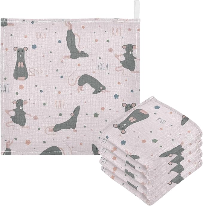 vvfelixl Rat Yoga Poses Baby Burp Cloths Baby Muslin Washcloths for Boys Girls Cotton Baby Face Towel for Newborn Infants Soft and Absorbent 11.8 X 11.8 in, 5 Pack