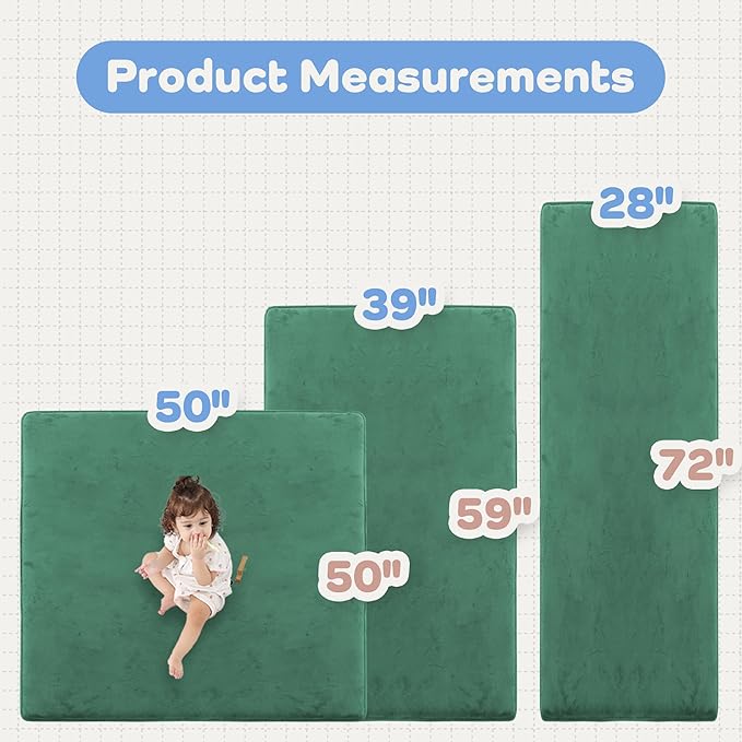 1.3" Thick Baby Floor Play Mat 50x50, Basic Padded Foam Mat for Tummy Time Crawling, Non Slip Cushioned for Babies Toddlers Infants Kids (Dark Green)