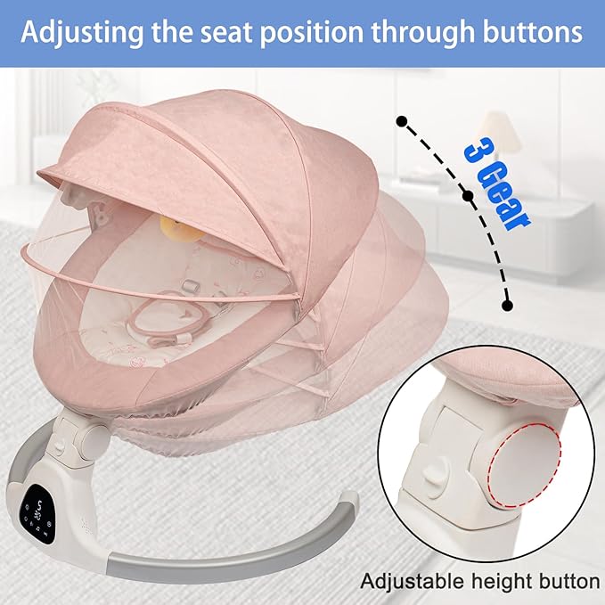 Baby Swing for Infants to Toddler Portable Babies Swing Timing Function 5 Swing Speeds Bluetooth Touch Screen Music Speaker with 10 Preset Lullabies 5-Point Carabiner (Pink)