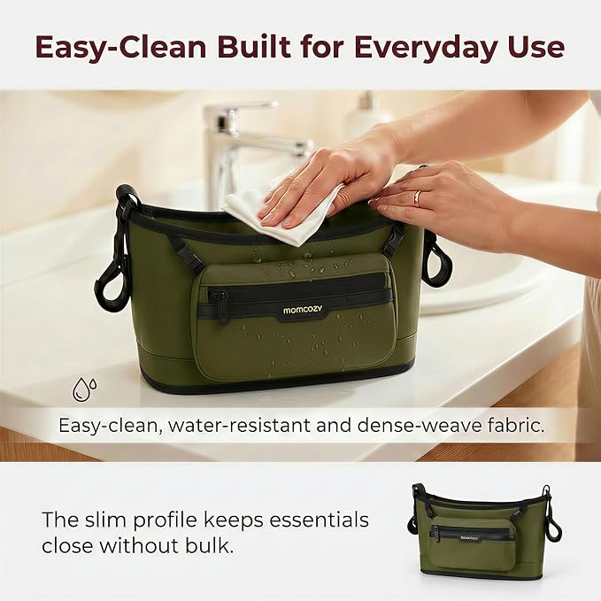 Momcozy Universal Stroller Organizer, Slim Stroller Caddy with 2 Insulated Cup Holders, Non-Slip Silicone Straps, Detachable Mini Pouch, Dense-Weave Parent Console for UPPAbaby, Doona, Graco & More