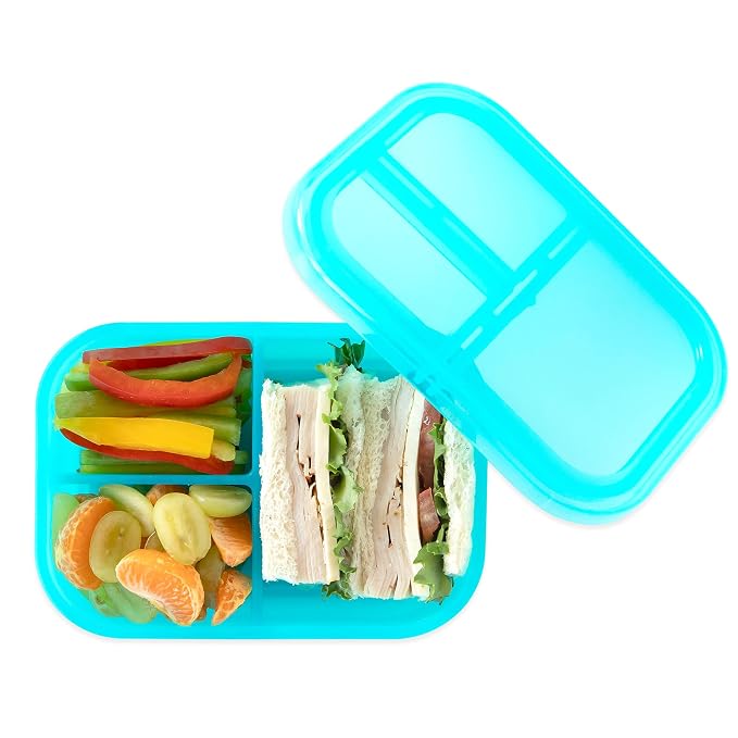 Bumkins Snack/Lunch Bento Box for Kids and Adults, 3 Compartment Container, Leak Proof Lid, for Portioning, Large Section Can Hold Sandwich, Food-Safe LFGB Platinum Silicone, Microwave-Safe, Blue
