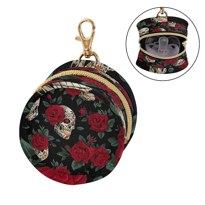 Pacifier Holder with Clip Pacifier Case for Diaper Bag Round Baby Pacifier Pouch Box Bag Portable Mexico Skull Rose Flowers Red