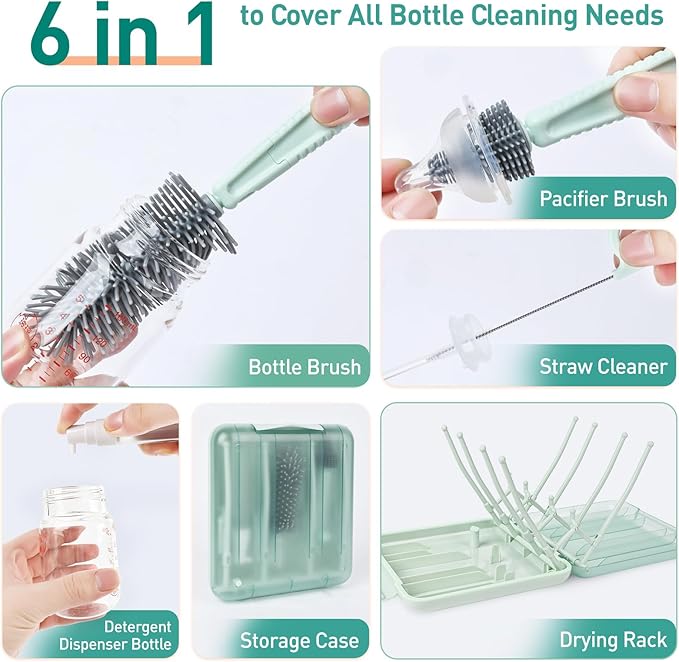 Baby Bottle Brush Set, 6-in-1 Travel Bottle Cleaning Kit with Silicone Bottle Brush, Nipple & Straw Brush, Soap Dispenser, Drying Rack, Storage Box ??Compact Travel Baby Essential for Home & On-The-Go