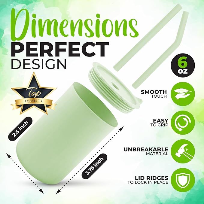 Silicone Toddler Smoothie Cups with Straw, Unbreakable Training Cup with Straw for Babies and Toddlers for less mess, BPA-Free Silicone Baby cup, 6+ Month, 6oz, 4 pack Green/Grey