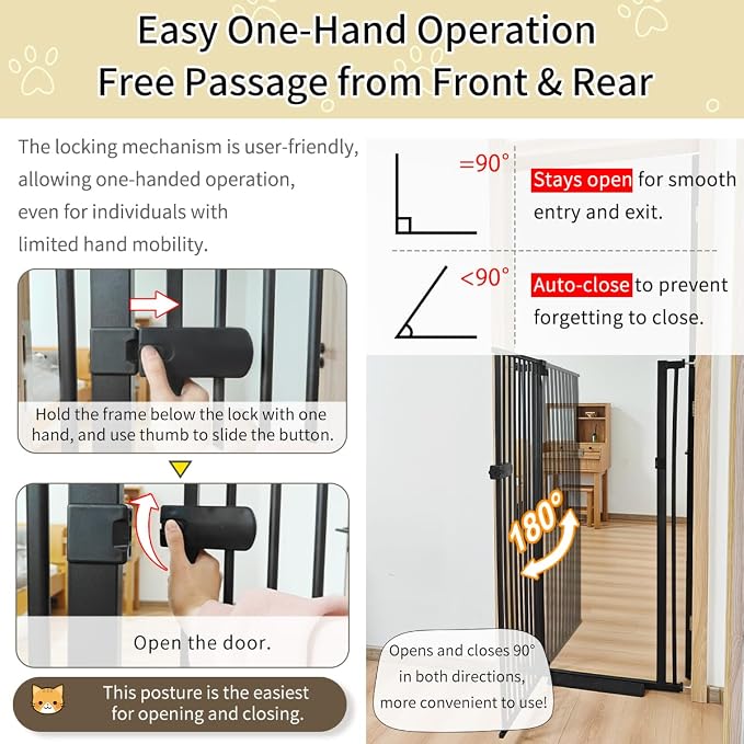 Lumizone Extra Tall Cat Gate 61.02" High Pressure Mounted 29.92"-34.24" Extra Wide 1.37" Gap No Drilling Auto-Close One-Handed Operation Tall Pet Gate for Dogs(Black, 61.02" H x 29.92"-34.24" W)
