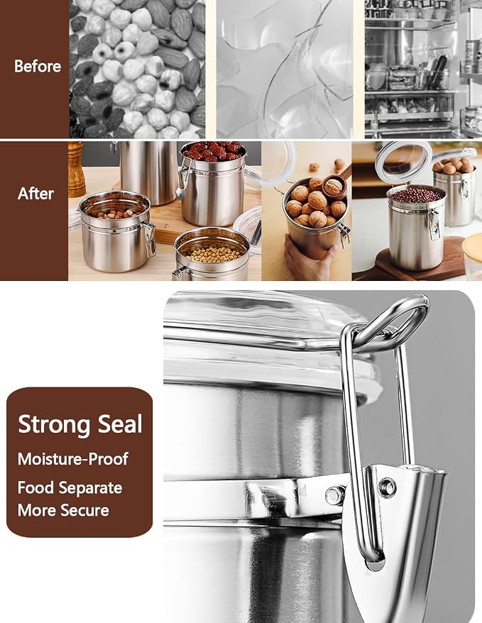 Walktosun Stainless Steel Food Container with Clear Lids Airtight Container Stackable Small Canisters Kitchen Pantry Storage for Cereal, Snacks, Candy, Herbs, Spices, Sugar, Tea (1.8L Silver-2)