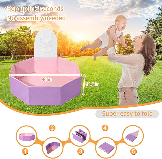 GOGOSO Foldable Ball Pit for Toddlers Large Soft Indoor Outdoor Pop Up Baby Kids Infant Ballpit Big Collapsible Puppy Dog Cat Pits with Basketball Hoop (Balls Not Included) Pink Purple