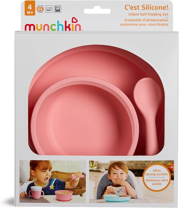 Munchkin Silicone Baby Feeding Set, Toddler Suction Bowl, Plate and Spoon, Baby Led Weaning and Infant Self Feeding, C’est Silicone! Mealtime Set, 4 Months and Up, BPA Free, Coral