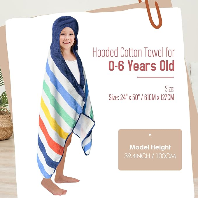 Style Quarters 100% Cotton Kids Hooded Bath Towel with Colorful Stripe Design - Large 50"x24" Soft Terry Toddler Beach Towel, Rainbow Hooded Towel for Boys & Girls (Rainbow)