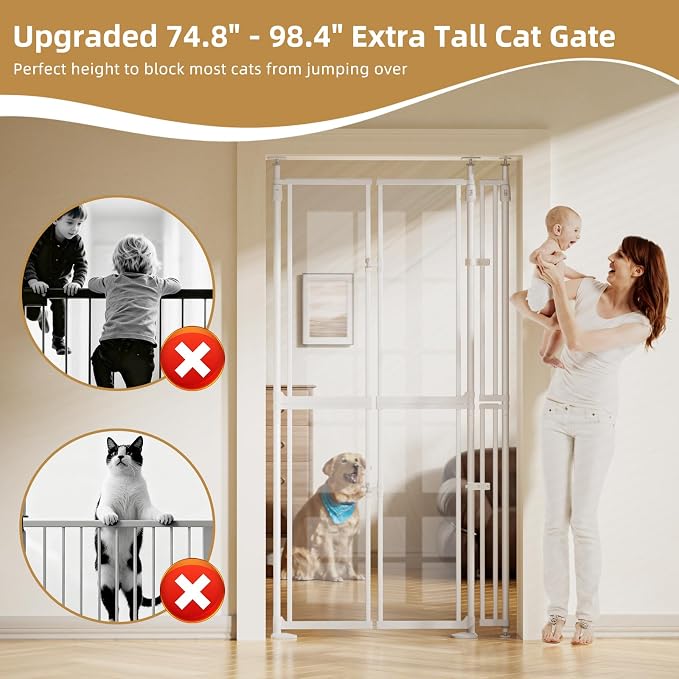 YUFU 75"-98" Extra Tall Cat Gate, Clear Width Adjustable Dog Gate for Doorways, Stairs, Hallways, Auto-Close No Drilling Pet Safety Gate Transparent Barrier for Dogs Cats (White)