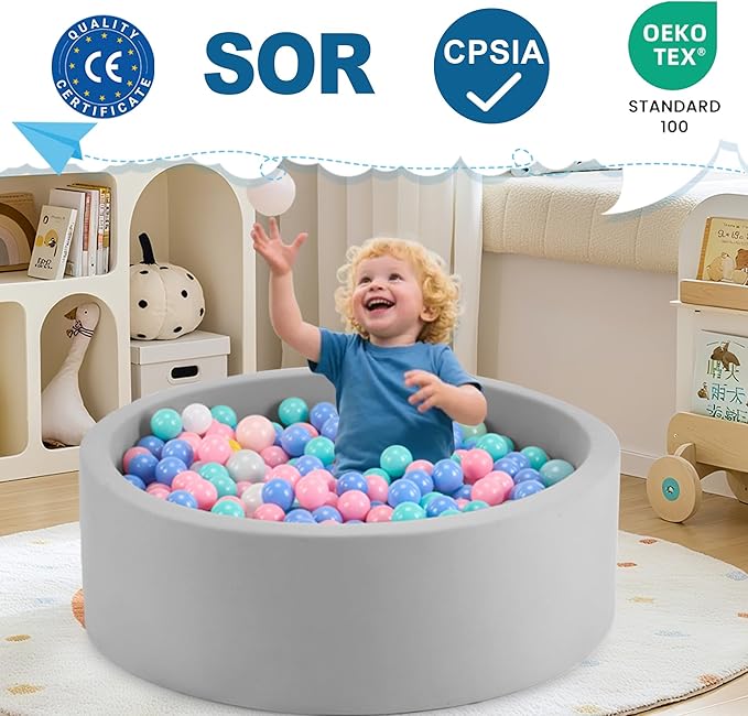 35.4" x 11.8" Foam Ball Pit for Toddlers, Baby Round Balls Pool for Babies 1-3, Kids Play Ball Pits for Boys and Girls, Balls Not Included, Grey