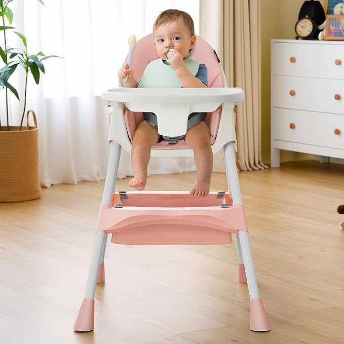 HARPPA 6-in-1 Convertible Baby High Chair for Toddlers, Foldable Highchair with Removable Tray for Eating & Playing, Adjustable 5-Point Safety Harness, Toddler High Chair with PU Cushion, Pink