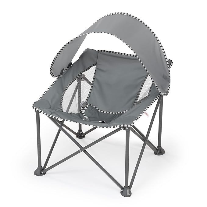 Bright Starts Pop 'N Chill Portable Infant Beach Chair, Travel Seat with UPF 50+ Canopy, Indoor/Outdoor Baby Seat, Grey, 0?? Months