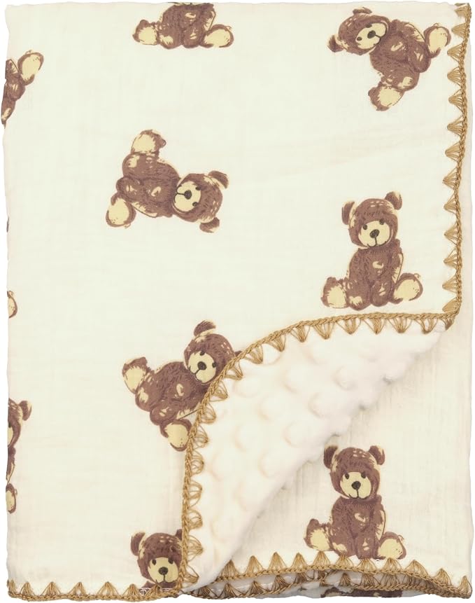 Baby Blanket 40x40 Inches,Muslin Cotton and Minky Dotted Double Layer Soft Receiving Blanket for Newborn Toddler,Cuddle Bear