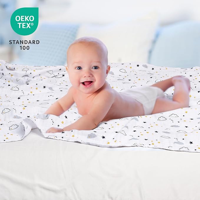 david's kids 4 Pack Baby Muslin Swaddle Blankets, 100% Cotton and Ultra Soft Breathable Receiving Blanket Wrap for Boys Girls, New Born Essentials, Large 47 x 47 inches, Space/Stars/Wave
