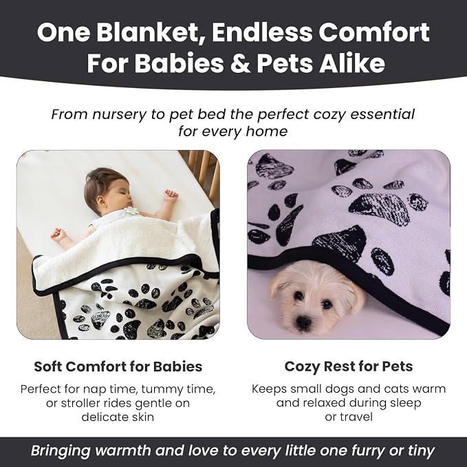 Small Pet Blanket - GOTS Certitied 100% Organic Cotton, Double Layer Plush Sherpa, Beige Jacquard Paw Knit, 30"x40", Ideal for Small Dogs and Cats - Soft and Warm