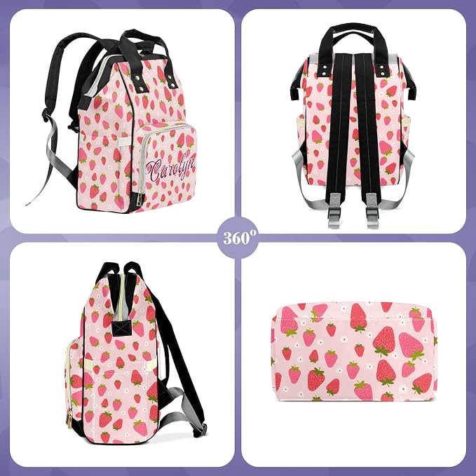 Custom Diaper Bag with Name Personalized Multifunctional Mommy Backpack for Shoulders Outdoor Backpack for Newborn Baby Thermal Pockets Nursing Bags （Strawberry 3）