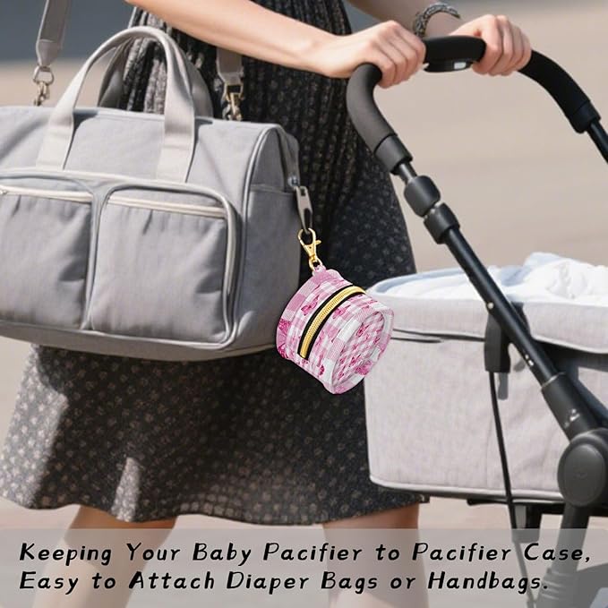 Pacifier Holder with Clip Pacifier Case for Diaper Bag Round Baby Pacifier Pouch Box Bag Portable Checkered Pink and White Butterflies