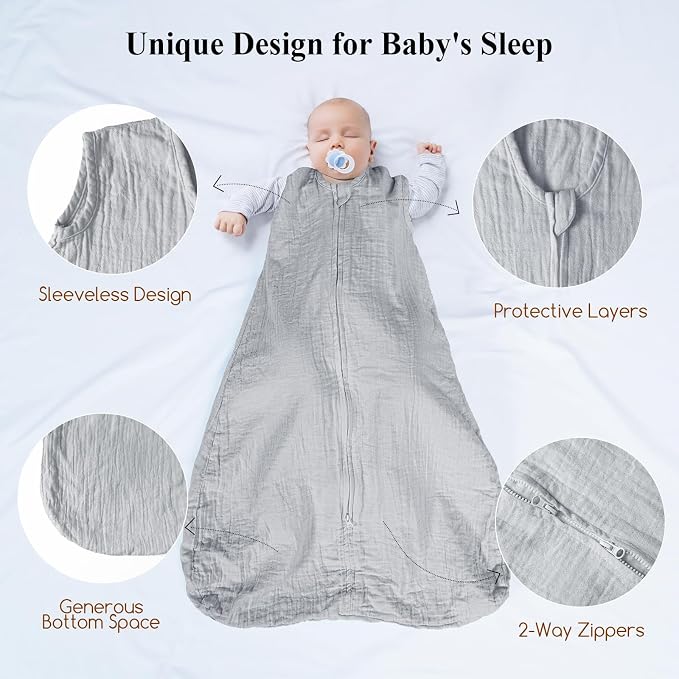 david's kids Muslin Cotton Baby Sleep Sack 6-12 Months, 2 Pack 100% Cotton Sleeping Bag for Summer, TOG 0.5 Baby Wearable Blankets with 2-Way Zipper, Soft Sleep Sacks for Newborn Infant, White & Grey