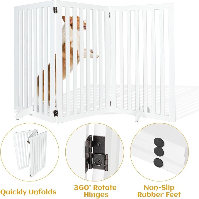 3-Panel Wooden Free Standing Foldable Dog Gate, Foldable Pet Gate with 2PCS Support Feet, 36" Height Dog Fence Baby Gates for House Doorways Indoor Outdoor, White