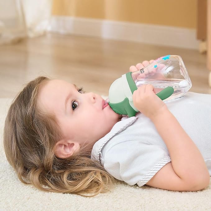 Oberni Tritan Sippy Cup, 270ml/9oz Baby Water Drinking Bottle with Removable Handle and Strap, Leak-Proof Training Cup for 12M+/1 Years+ Toddlers, Green/Pack of 3