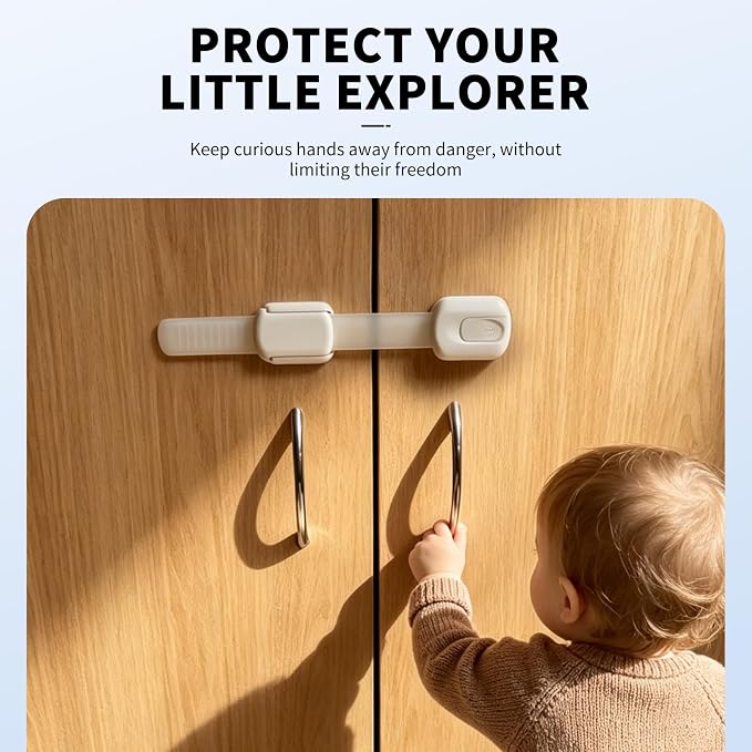 Baby Safety Locks for Cabinets & Drawers (10 Pack) – Child Proof Cabinet Locks with Strong 3M Adhesive, No Drill Safety Latches for Kitchen, Bathroom, Fridge & Cupboards