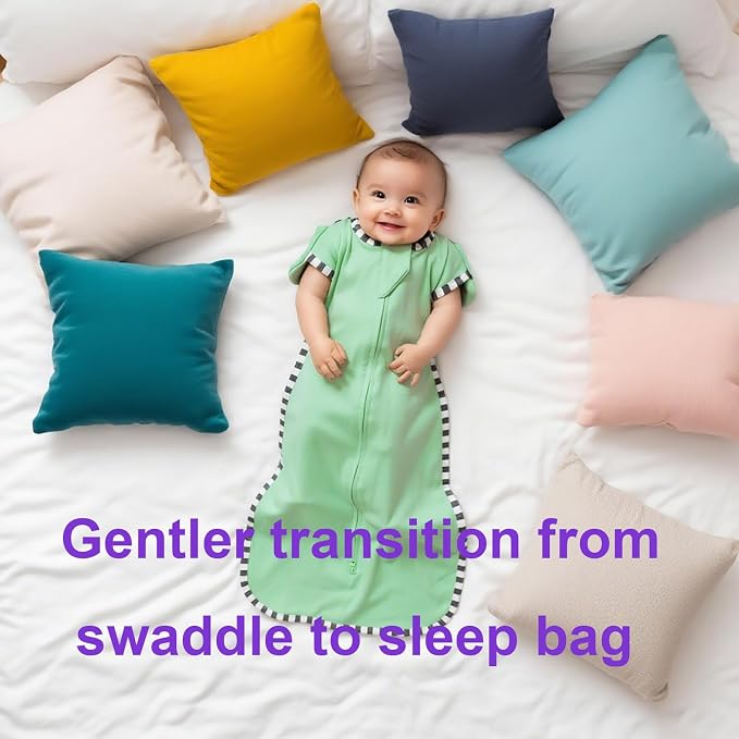 Transitional Baby Sleep Sack 2-Pack, 100% Cotton Newborn Wearable Blanket, Arms Up Design with 2-Way Zipper, Breathable Swaddle for Infants Boys Girls (Green + Blue, Small 0-3 Months)