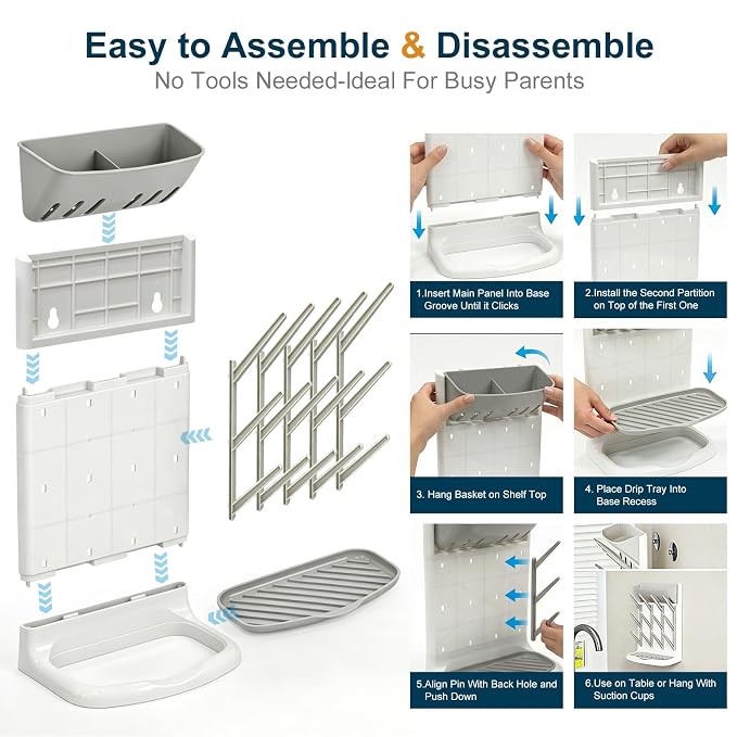 GoMaihe Baby Bottle Drying Rack: Space Saving Vertical Bottle Dryer Holder - The Large Top Compartment Storage Stand Organize Brushes Pacifiers on Countertop - BPA-Free - Gray