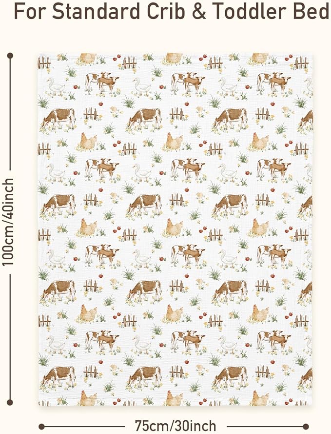 GLLQUEN BABY Blankets for Boys Girls, Soft Muslin Cotton Front Dotted Fleece Backing, Nursery Minky Crib Blanket for Infant Toddler, 30 x 40 inches Throw Blanket, Cow Farm