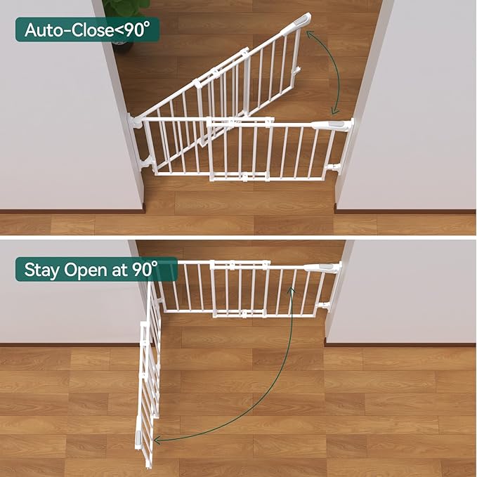 Babelio 27-45" No Bottom Bar Baby Gate with Easy Installation, 2-in-1 Auto Close Design, Suitable for The House, Stairs, and Doorways, Safety Pet Gates with Large Walk-Thru Door, White