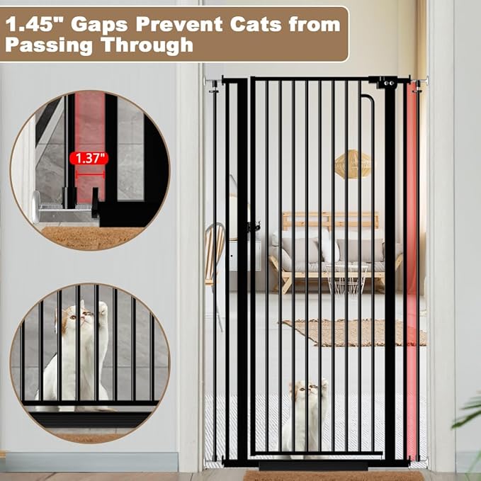 Mornyray 57"" Extra Tall Cat Gate 38.58'' - 43.31'' Wide Dog Gate Inoor, Baby Gate with Cat Door Walk Through Swing Auto Close Safety Dog Pet Gate for Indoor Stairs, Doorways (Black)