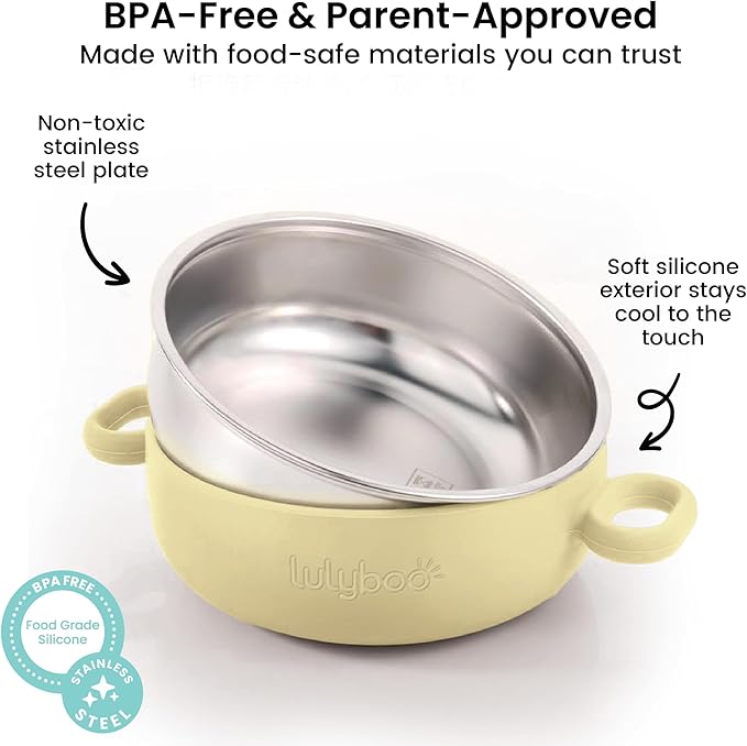 Lulyboo Stainless Steel & Silicone Toddler Feeding Bowl Set - Double-Layer Insulated, Non-Slip Base, Removable Insert, Easy-Grip Fork & Spoon for Easy Self-Feeding, Essential for Babies 6 Months+