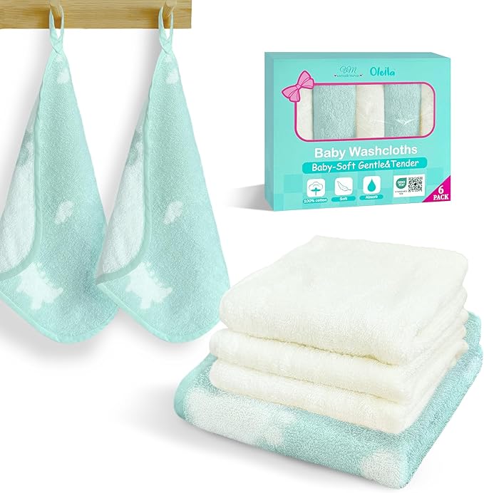 VOOVA & MOVAS Dino & Ivory Ultra-Soft Baby Washcloths ??100% Cotton, Highly Absorbent ??12"x12", 6 Pack ??Newborn Towels ??Baby Essentials ??Perfect Set